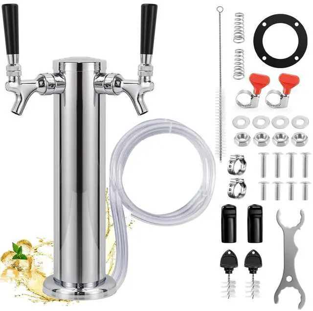 Main image of Dual Tap Kegerator Tower Beer Tap Tower, 3" Draft Beer Dispenser Keg Tower | Dual Faucet Beer Tower 3" Stainless Steel Core Kegerator Tap Tower Kit with Pre-Assembled Kegerator Line Parts for Brewing