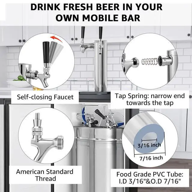 Alt view image 4 of 7 - Dual Tap Kegerator Tower Beer Tap Tower, 3" Draft Beer Dispenser Keg Tower | Dual Faucet Beer Tower 3" Stainless Steel Core Kegerator Tap Tower Kit with Pre-Assembled Kegerator Line Parts for Brewing