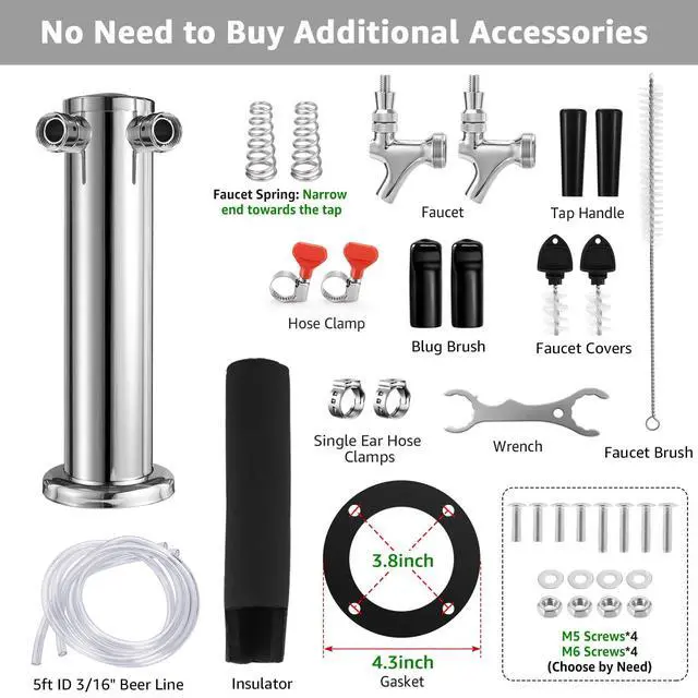 Alt view image 3 of 7 - Dual Tap Kegerator Tower Beer Tap Tower, 3" Draft Beer Dispenser Keg Tower | Dual Faucet Beer Tower 3" Stainless Steel Core Kegerator Tap Tower Kit with Pre-Assembled Kegerator Line Parts for Brewing