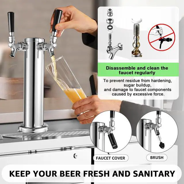 Alt view image 5 of 7 - Dual Tap Kegerator Tower Beer Tap Tower, 3" Draft Beer Dispenser Keg Tower | Dual Faucet Beer Tower 3" Stainless Steel Core Kegerator Tap Tower Kit with Pre-Assembled Kegerator Line Parts for Brewing