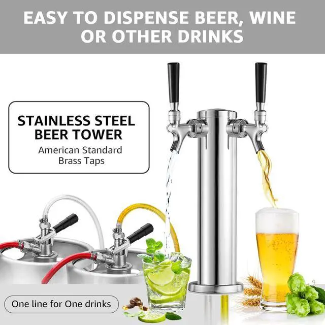Alt view image 2 of 7 - Dual Tap Kegerator Tower Beer Tap Tower, 3" Draft Beer Dispenser Keg Tower | Dual Faucet Beer Tower 3" Stainless Steel Core Kegerator Tap Tower Kit with Pre-Assembled Kegerator Line Parts for Brewing