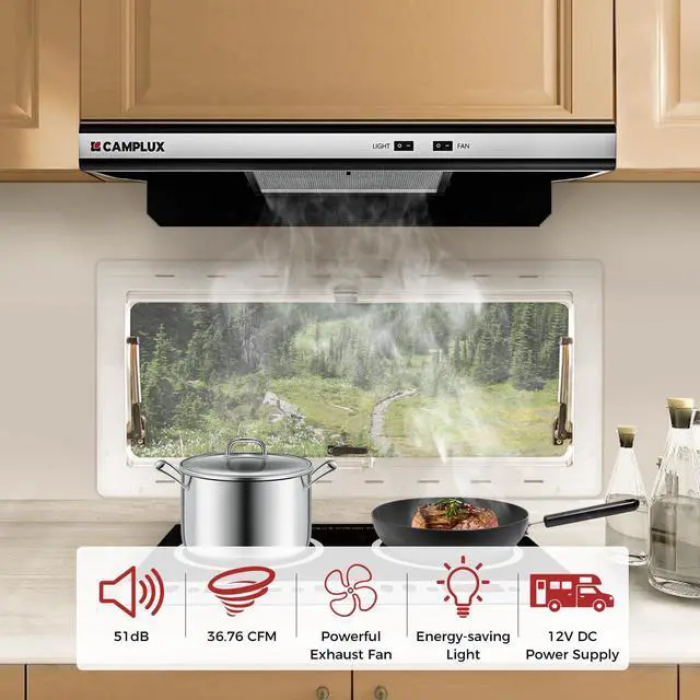 Alt view image 2 of 7 - CAMPLUX RV Range Hood 22 Inches, 12V DC Range Hood, Ultra Quiet, Powerful Suction, Ideal for RV Travel, Mobile Homes, Yachts, or Small Apartments