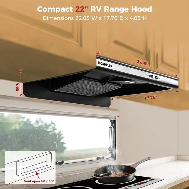 Alt view image 7 of 7 - CAMPLUX RV Range Hood 22 Inches, 12V DC Range Hood, Ultra Quiet, Powerful Suction, Ideal for RV Travel, Mobile Homes, Yachts, or Small Apartments
