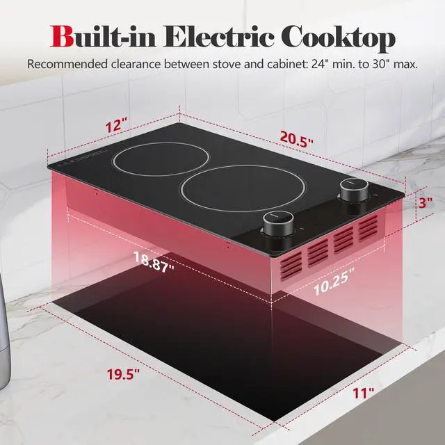 Alt view image 2 of 6 - 2 Burner Electric Cooktop,12 inch Built-in 3000W and 9 Power Levels Glass Ceramic Stove Top,Electric Stove with Knob Control,Hardwired 240V for Kitchen,Residual Heat Protection,Easy Clean