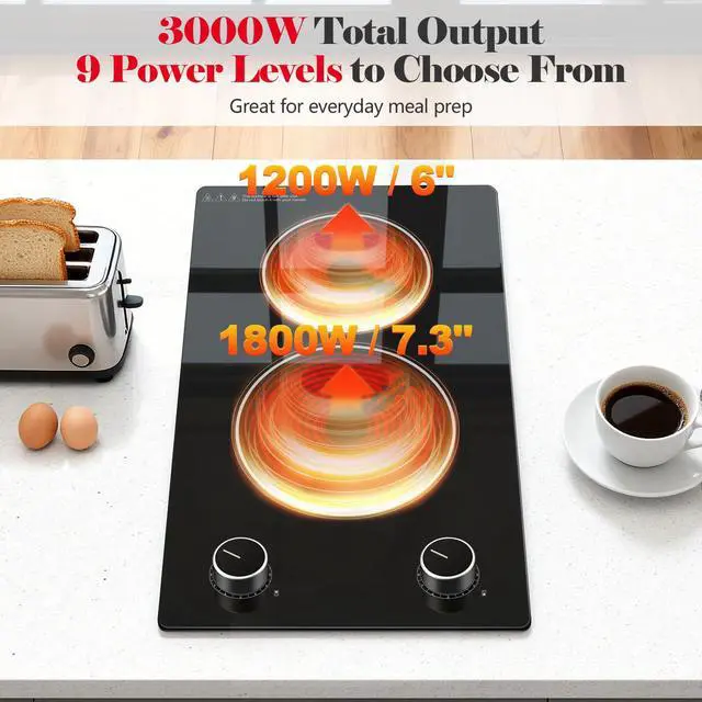 Alt view image 3 of 6 - 2 Burner Electric Cooktop,12 inch Built-in 3000W and 9 Power Levels Glass Ceramic Stove Top,Electric Stove with Knob Control,Hardwired 240V for Kitchen,Residual Heat Protection,Easy Clean