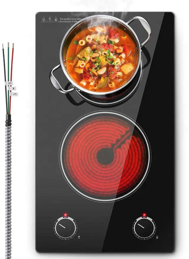 Main image of 2 Burner Electric Cooktop,12 inch Built-in 3000W and 9 Power Levels Glass Ceramic Stove Top,Electric Stove with Knob Control,Hardwired 240V for Kitchen,Residual Heat Protection,Easy Clean