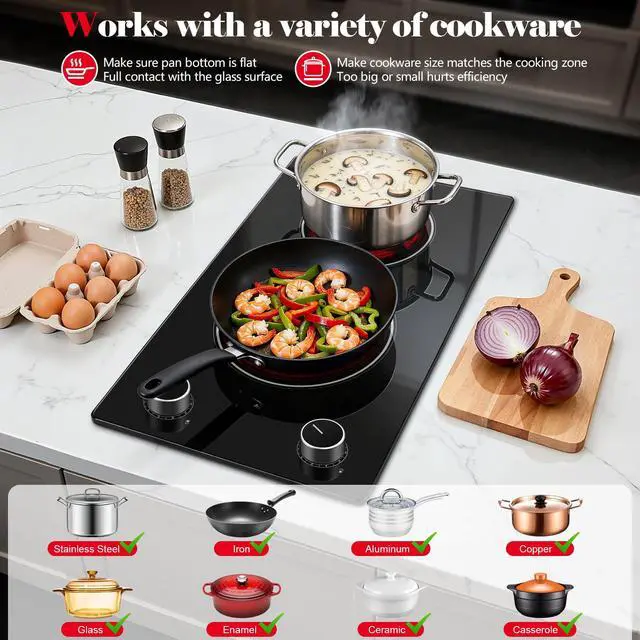 Alt view image 4 of 6 - 2 Burner Electric Cooktop,12 inch Built-in 3000W and 9 Power Levels Glass Ceramic Stove Top,Electric Stove with Knob Control,Hardwired 240V for Kitchen,Residual Heat Protection,Easy Clean
