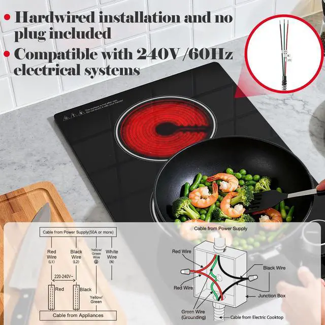 Alt view image 6 of 6 - 2 Burner Electric Cooktop,12 inch Built-in 3000W and 9 Power Levels Glass Ceramic Stove Top,Electric Stove with Knob Control,Hardwired 240V for Kitchen,Residual Heat Protection,Easy Clean
