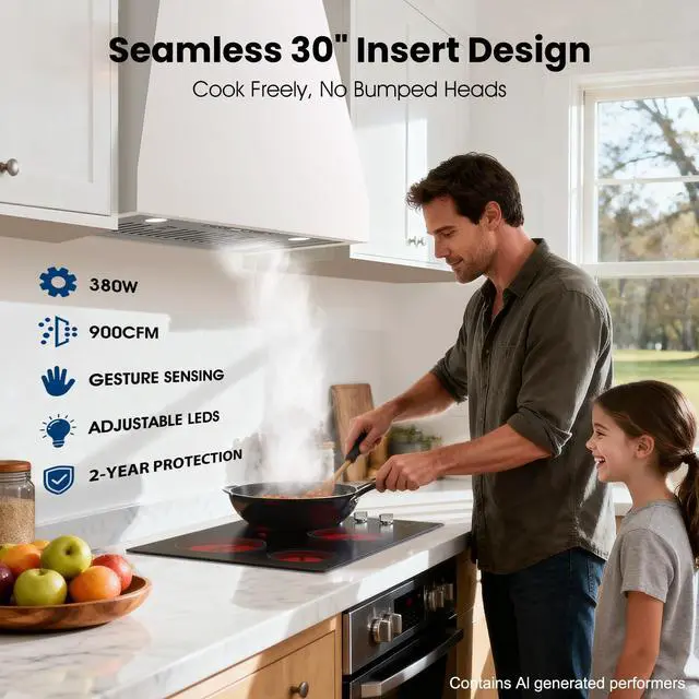 Alt view image 2 of 7 - 30" Range Hood Insert, 900 CFM Full Copper Motor | Triple Smart Controls, Tunable LED Lighting, incl. Charcoal Filters & Duct Pipe