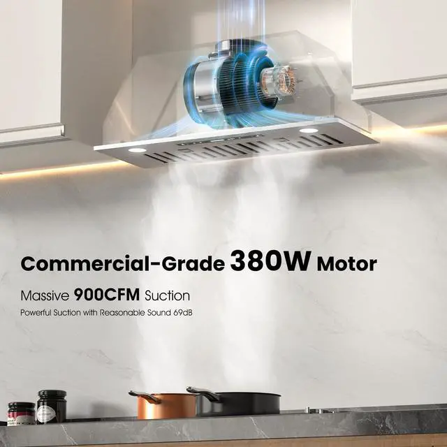 Alt view image 3 of 7 - 30" Range Hood Insert, 900 CFM Full Copper Motor | Triple Smart Controls, Tunable LED Lighting, incl. Charcoal Filters & Duct Pipe
