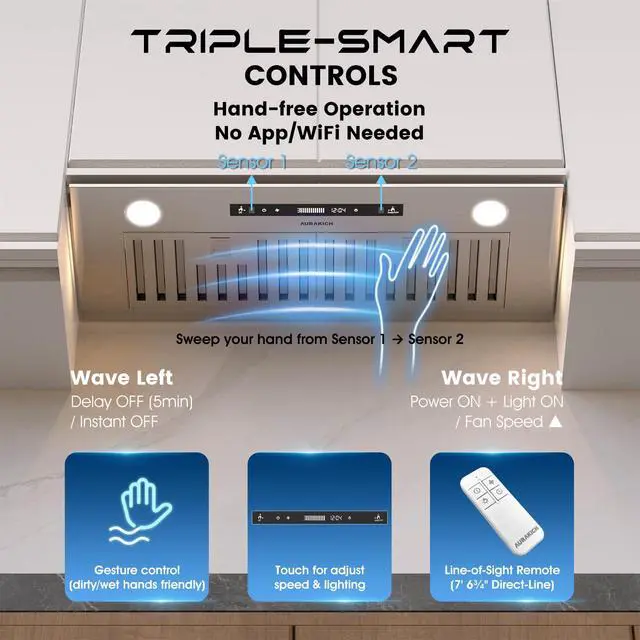 Alt view image 6 of 7 - 30" Range Hood Insert, 900 CFM Full Copper Motor | Triple Smart Controls, Tunable LED Lighting, incl. Charcoal Filters & Duct Pipe