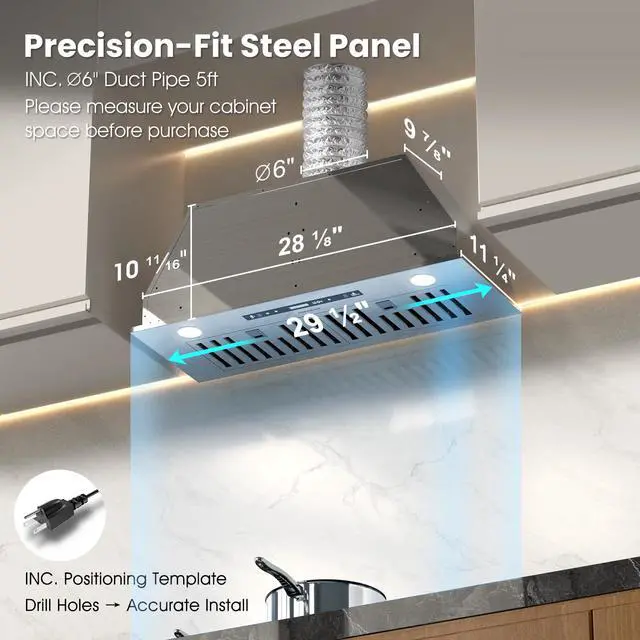 Alt view image 7 of 7 - 30" Range Hood Insert, 900 CFM Full Copper Motor | Triple Smart Controls, Tunable LED Lighting, incl. Charcoal Filters & Duct Pipe