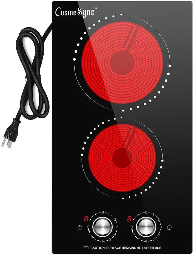 Main image of 12 Inch 2 Burner Electric Cooktop | Ceramic glass cooktop with knob heat control for countertop or built-in use in compact kitchens and RVs