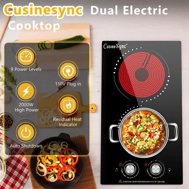 Alt view image 5 of 7 - 12 Inch 2 Burner Electric Cooktop | Ceramic glass cooktop with knob heat control for countertop or built-in use in compact kitchens and RVs