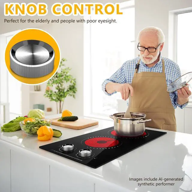 Alt view image 7 of 7 - 12 Inch 2 Burner Electric Cooktop | Ceramic glass cooktop with knob heat control for countertop or built-in use in compact kitchens and RVs