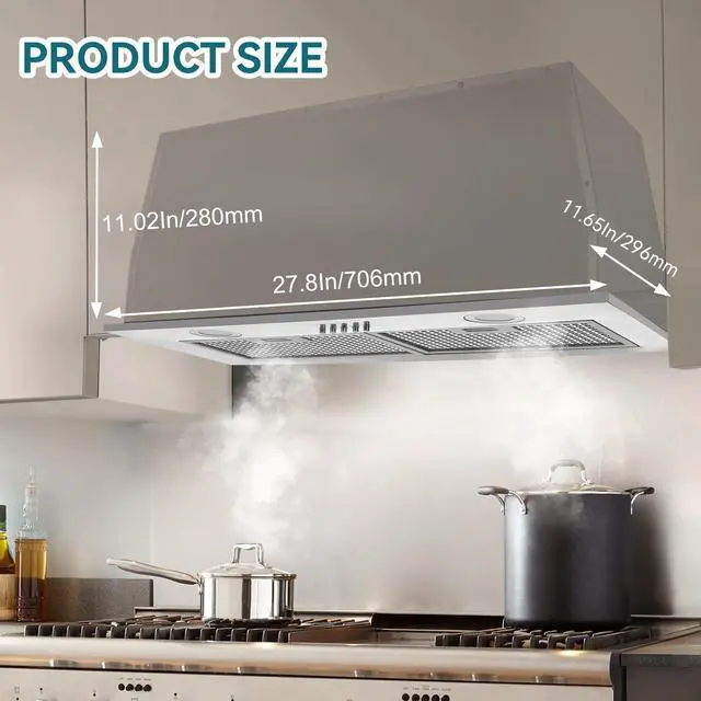 Alt view image 2 of 7 - 700CFM Built-In/Insert Range Hood 30 Inch - Convertible Ducted/Ductless Kitchen Vent with 3-Speed, 2×3W LED Lights & 6-Layer Grease Filters