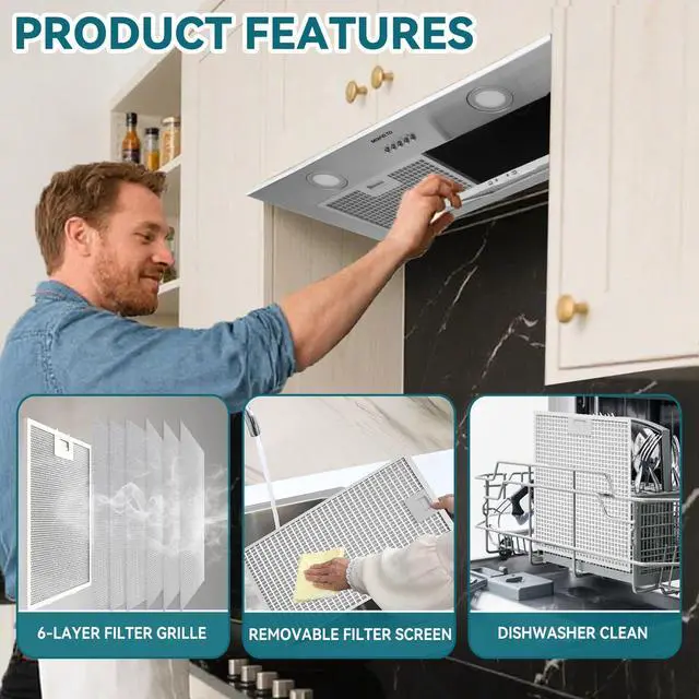 Alt view image 3 of 7 - 700CFM Built-In/Insert Range Hood 30 Inch - Convertible Ducted/Ductless Kitchen Vent with 3-Speed, 2×3W LED Lights & 6-Layer Grease Filters