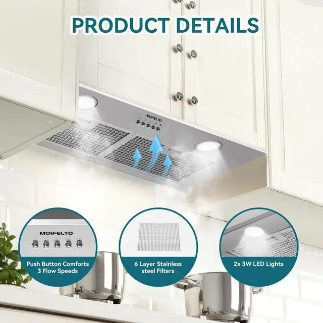 Alt view image 4 of 7 - 700CFM Built-In/Insert Range Hood 30 Inch - Convertible Ducted/Ductless Kitchen Vent with 3-Speed, 2×3W LED Lights & 6-Layer Grease Filters