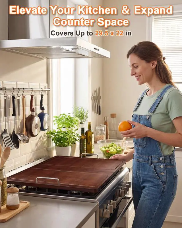 Alt view image 2 of 7 - 29.5×22in Foldable Noodle Board Stove Cover for Kitchen Prep Space | Bamboo Multiple Stove Top Cover with Handles for Gas & Electric Stoves - As Sink Cover Decorative Tray