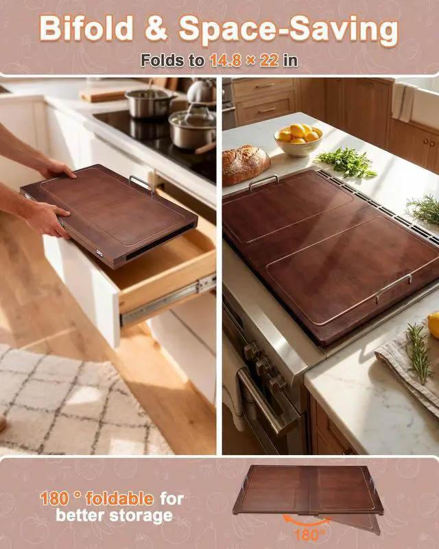 Alt view image 3 of 7 - 29.5×22in Foldable Noodle Board Stove Cover for Kitchen Prep Space | Bamboo Multiple Stove Top Cover with Handles for Gas & Electric Stoves - As Sink Cover Decorative Tray