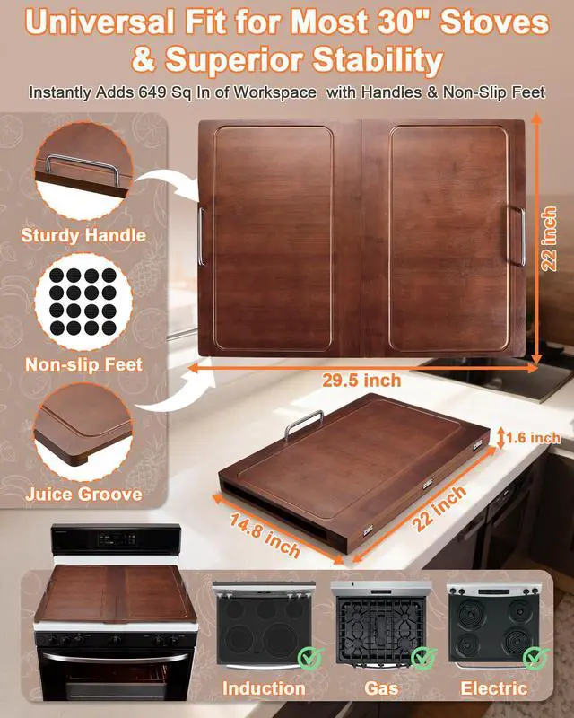 Alt view image 5 of 7 - 29.5×22in Foldable Noodle Board Stove Cover for Kitchen Prep Space | Bamboo Multiple Stove Top Cover with Handles for Gas & Electric Stoves - As Sink Cover Decorative Tray