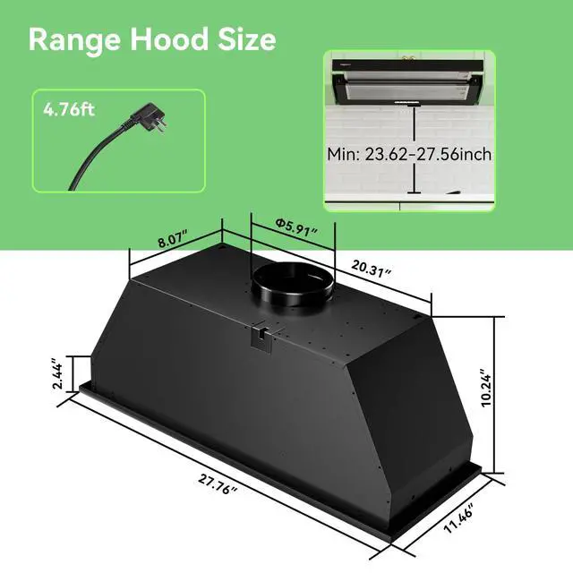 Alt view image 2 of 7 - 30 in Built-in Range Hood Convertable with 600CFM Suction | Dutched/Dutchless Vent Hood with Bright LED Light,3 Speed Fan,Black