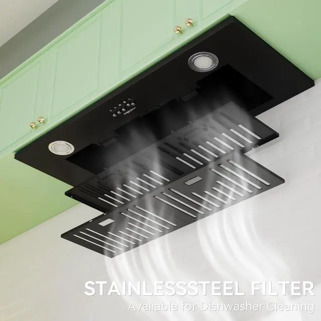 Alt view image 5 of 7 - 30 in Built-in Range Hood Convertable with 600CFM Suction | Dutched/Dutchless Vent Hood with Bright LED Light,3 Speed Fan,Black