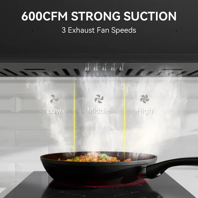 Alt view image 4 of 7 - 30 in Built-in Range Hood Convertable with 600CFM Suction | Dutched/Dutchless Vent Hood with Bright LED Light,3 Speed Fan,Black