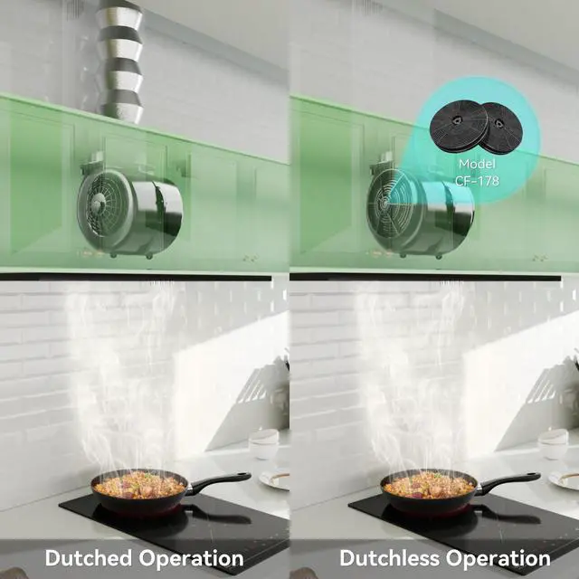 Alt view image 6 of 7 - 30 in Built-in Range Hood Convertable with 600CFM Suction | Dutched/Dutchless Vent Hood with Bright LED Light,3 Speed Fan,Black