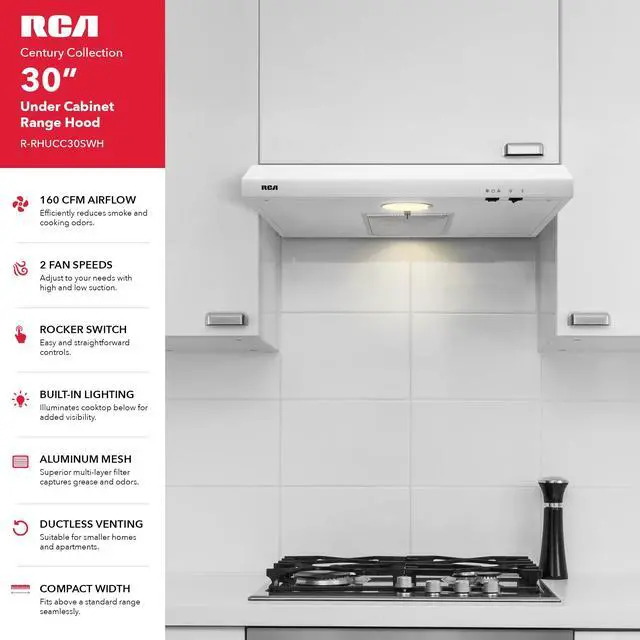 Alt view image 4 of 7 - R-RHUCC30SWH 30 in. Century Collection Ductless Under Cabinet Range Hood, Reusable Filter, Rocker Switch, Light, White