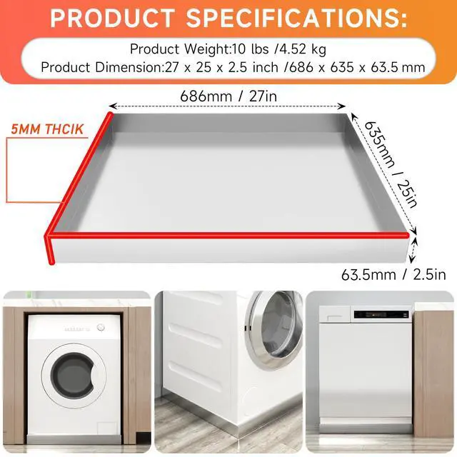 Alt view image 2 of 6 - Heavy Duty 304 Stainless Steel Washing Machine Pan, 27" x 25" x 2.5" | Washing Drain Pan, Washing Machine Tray, Washer Pan, Floor & Wood Deck Protection, No Hole