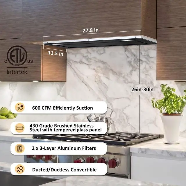 Alt view image 2 of 7 - Range Hood Insert 30 inch 600CFM,Ducted/Ductless Convertible Stove Vent Hood with Gesture Sensing and Touch Control,LED Lights,Tempered Glass,Kitchen Hood included Charcoal Filters