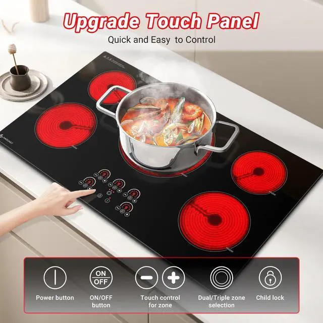 Alt view image 2 of 7 - 36" Electric Cooktop, 5 Burners, 9000W, Touch Control, Built-in | 5 burners: Triple Zone (1000/2000/3000W) + 2x1800W + 2x1200W, ETL certified, Ceramic Glass, Hot surface indicator, 240V