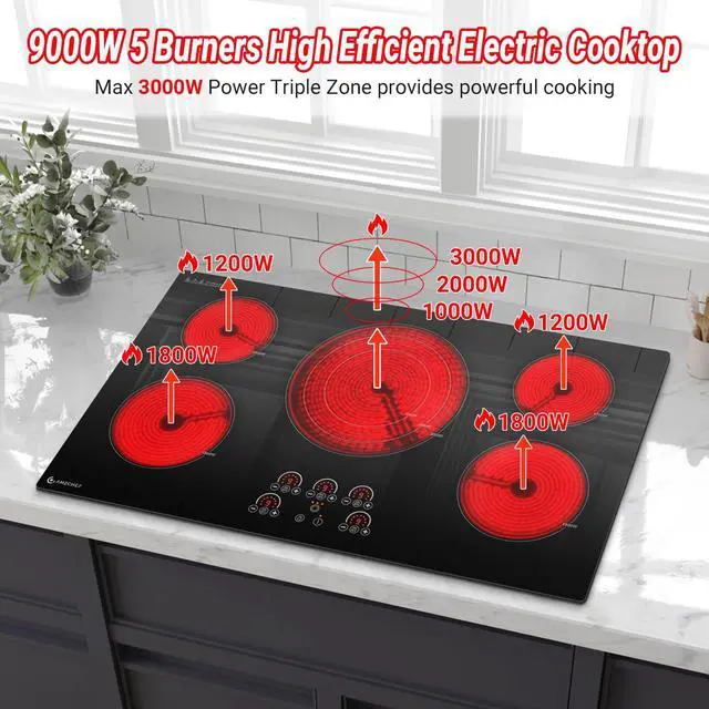 Alt view image 3 of 7 - 36" Electric Cooktop, 5 Burners, 9000W, Touch Control, Built-in | 5 burners: Triple Zone (1000/2000/3000W) + 2x1800W + 2x1200W, ETL certified, Ceramic Glass, Hot surface indicator, 240V