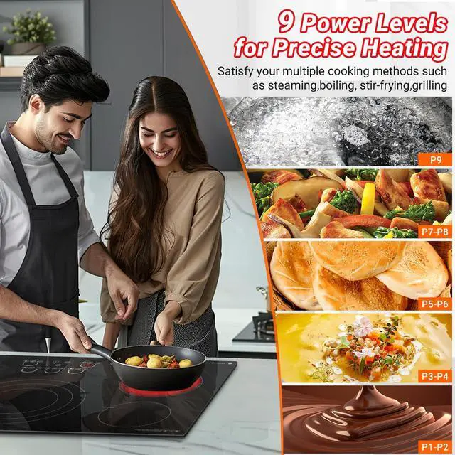 Alt view image 4 of 7 - 36" Electric Cooktop, 5 Burners, 9000W, Touch Control, Built-in | 5 burners: Triple Zone (1000/2000/3000W) + 2x1800W + 2x1200W, ETL certified, Ceramic Glass, Hot surface indicator, 240V