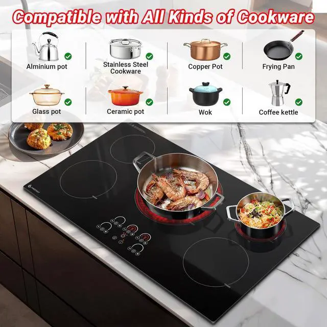 Alt view image 5 of 7 - 36" Electric Cooktop, 5 Burners, 9000W, Touch Control, Built-in | 5 burners: Triple Zone (1000/2000/3000W) + 2x1800W + 2x1200W, ETL certified, Ceramic Glass, Hot surface indicator, 240V