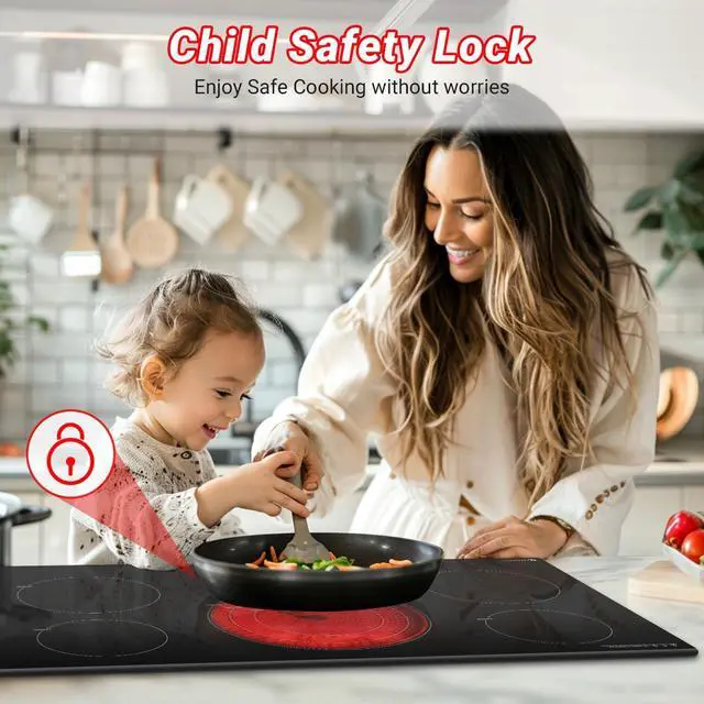 Alt view image 6 of 7 - 36" Electric Cooktop, 5 Burners, 9000W, Touch Control, Built-in | 5 burners: Triple Zone (1000/2000/3000W) + 2x1800W + 2x1200W, ETL certified, Ceramic Glass, Hot surface indicator, 240V