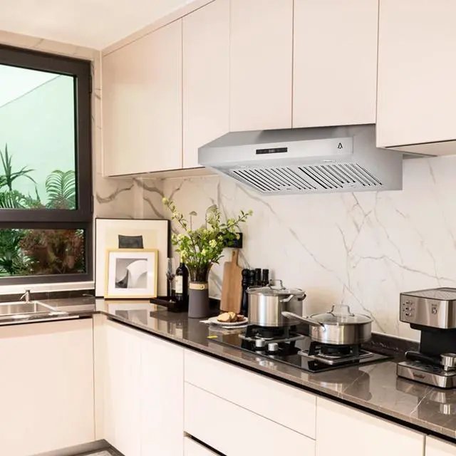 Alt view image 2 of 7 - 30 Inch Under Cabinet Range Hood, Stainless Steel Kitchen Vent Hood, Slim Cooker Hood with Push Button Control, LED Lights, 110V 200W, Stove Ventilation for Kitchen Cooking and Home Use