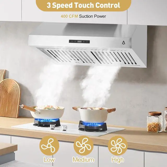 Alt view image 4 of 7 - 30 Inch Under Cabinet Range Hood, Stainless Steel Kitchen Vent Hood, Slim Cooker Hood with Push Button Control, LED Lights, 110V 200W, Stove Ventilation for Kitchen Cooking and Home Use