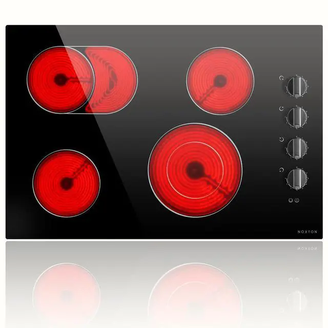 Main image of 4 Burner Electric Cooktop 30 Inch, Knob Control Ceramic Cooktop 30" | 30" Radiant Electric Stove Top, Extended Zone, Hot Surface Indicator, 9 Power Level, Drop in 32Amps 220-240V HardWire,No Plug