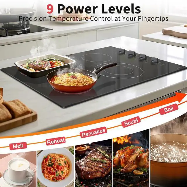 Alt view image 4 of 7 - 4 Burner Electric Cooktop 30 Inch, Knob Control Ceramic Cooktop 30" | 30" Radiant Electric Stove Top, Extended Zone, Hot Surface Indicator, 9 Power Level, Drop in 32Amps 220-240V HardWire,No Plug