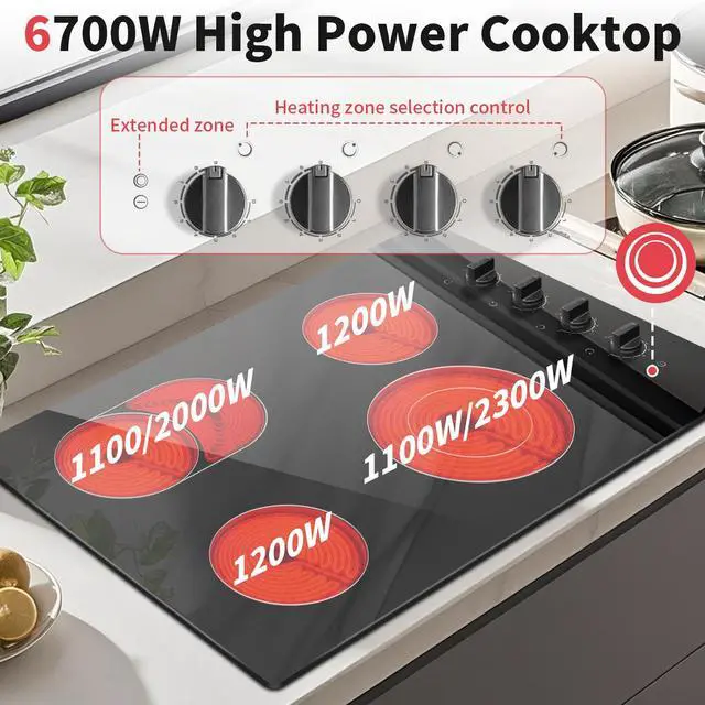 Alt view image 3 of 7 - 4 Burner Electric Cooktop 30 Inch, Knob Control Ceramic Cooktop 30" | 30" Radiant Electric Stove Top, Extended Zone, Hot Surface Indicator, 9 Power Level, Drop in 32Amps 220-240V HardWire,No Plug