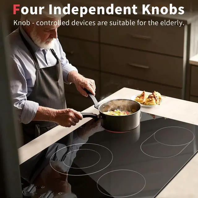 Alt view image 2 of 7 - 4 Burner Electric Cooktop 30 Inch, Knob Control Ceramic Cooktop 30" | 30" Radiant Electric Stove Top, Extended Zone, Hot Surface Indicator, 9 Power Level, Drop in 32Amps 220-240V HardWire,No Plug