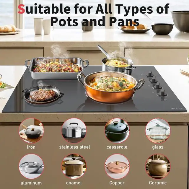 Alt view image 5 of 7 - 4 Burner Electric Cooktop 30 Inch, Knob Control Ceramic Cooktop 30" | 30" Radiant Electric Stove Top, Extended Zone, Hot Surface Indicator, 9 Power Level, Drop in 32Amps 220-240V HardWire,No Plug