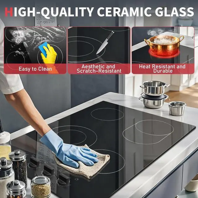 Alt view image 6 of 7 - 4 Burner Electric Cooktop 30 Inch, Knob Control Ceramic Cooktop 30" | 30" Radiant Electric Stove Top, Extended Zone, Hot Surface Indicator, 9 Power Level, Drop in 32Amps 220-240V HardWire,No Plug