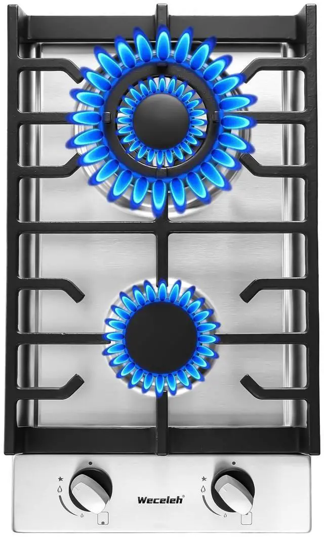 Main image of 2 Burner Gas Cooktop, 12 Inch Built-in Stainless Steel Gas Stove Top | NG/LPG Convertible Propane Stove, Electronic Auto Ignition, Heavy-Duty Cast Iron Grates for Kitchen, Apartment, RV, Outdoor