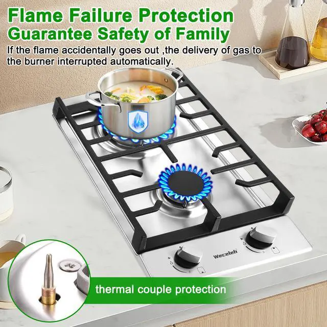 Alt view image 3 of 7 - 2 Burner Gas Cooktop, 12 Inch Built-in Stainless Steel Gas Stove Top | NG/LPG Convertible Propane Stove, Electronic Auto Ignition, Heavy-Duty Cast Iron Grates for Kitchen, Apartment, RV, Outdoor
