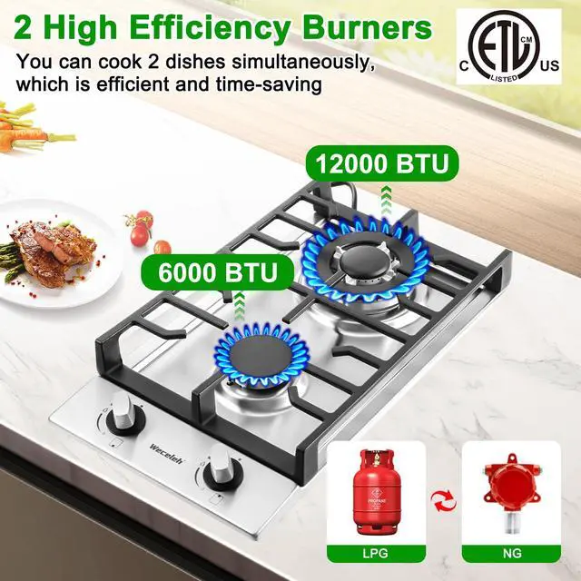 Alt view image 2 of 7 - 2 Burner Gas Cooktop, 12 Inch Built-in Stainless Steel Gas Stove Top | NG/LPG Convertible Propane Stove, Electronic Auto Ignition, Heavy-Duty Cast Iron Grates for Kitchen, Apartment, RV, Outdoor