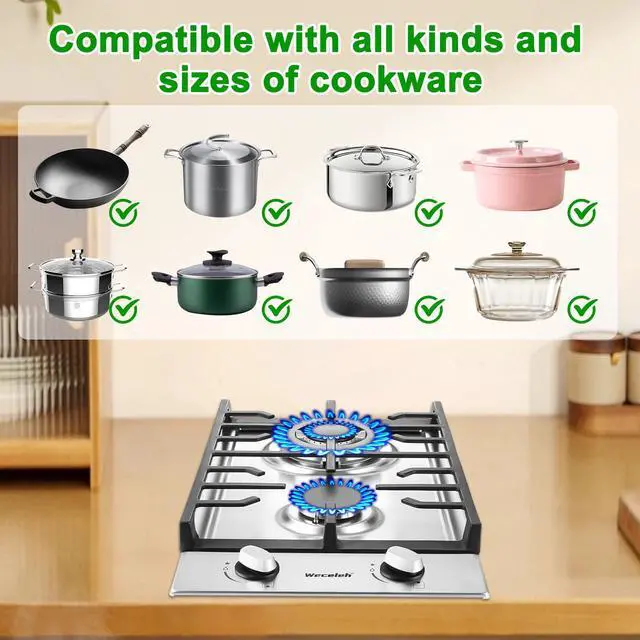 Alt view image 4 of 7 - 2 Burner Gas Cooktop, 12 Inch Built-in Stainless Steel Gas Stove Top | NG/LPG Convertible Propane Stove, Electronic Auto Ignition, Heavy-Duty Cast Iron Grates for Kitchen, Apartment, RV, Outdoor