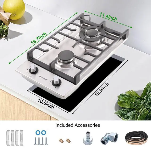 Alt view image 5 of 7 - 2 Burner Gas Cooktop, 12 Inch Built-in Stainless Steel Gas Stove Top | NG/LPG Convertible Propane Stove, Electronic Auto Ignition, Heavy-Duty Cast Iron Grates for Kitchen, Apartment, RV, Outdoor